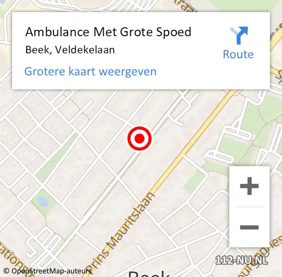 Locatie op kaart van de 112 melding: Ambulance Met Grote Spoed Naar Beek, Veldekelaan op 2 februari 2015 20:19