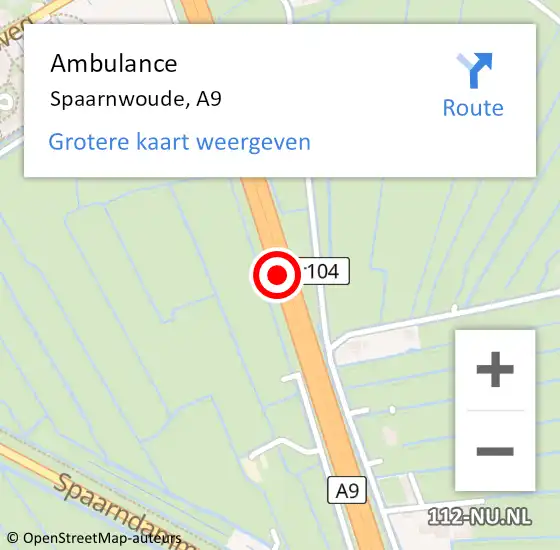 Locatie op kaart van de 112 melding: Ambulance Spaarnwoude, A9 op 2 februari 2015 21:13
