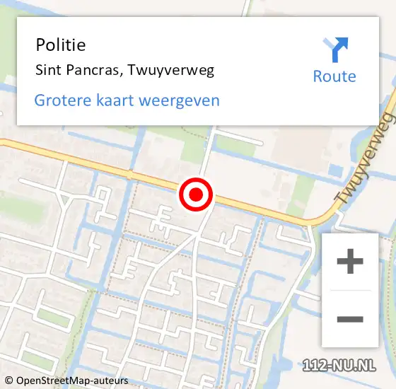 Locatie op kaart van de 112 melding: Politie Sint Pancras, Twuyverweg op 3 februari 2015 07:15