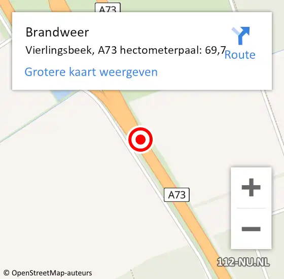 Locatie op kaart van de 112 melding: Brandweer Vierlingsbeek, A73 hectometerpaal: 69,7 op 3 februari 2015 18:42