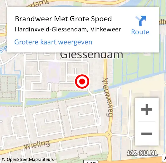 Locatie op kaart van de 112 melding: Brandweer Met Grote Spoed Naar Hardinxveld-Giessendam, Vinkeweer op 5 februari 2015 14:15