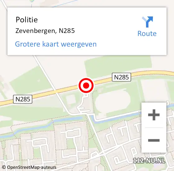 Locatie op kaart van de 112 melding: Politie Zevenbergen, N285 op 7 februari 2015 22:08