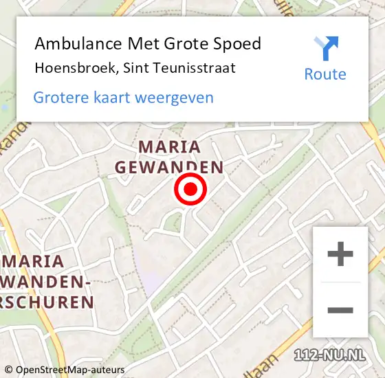 Locatie op kaart van de 112 melding: Ambulance Met Grote Spoed Naar Hoensbroek, Sint Teunisstraat op 8 februari 2015 08:20