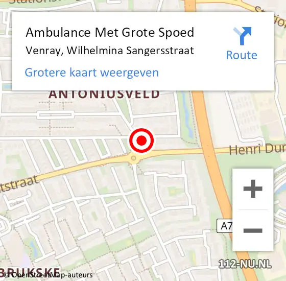 Locatie op kaart van de 112 melding: Ambulance Met Grote Spoed Naar Venray, Wilhelmina Sangersstraat op 8 februari 2015 12:38