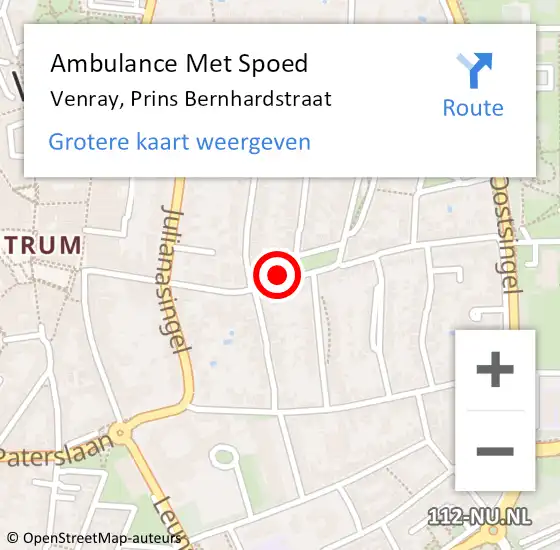 Locatie op kaart van de 112 melding: Ambulance Met Spoed Naar Venray, Prins Bernhardstraat op 8 februari 2015 14:56