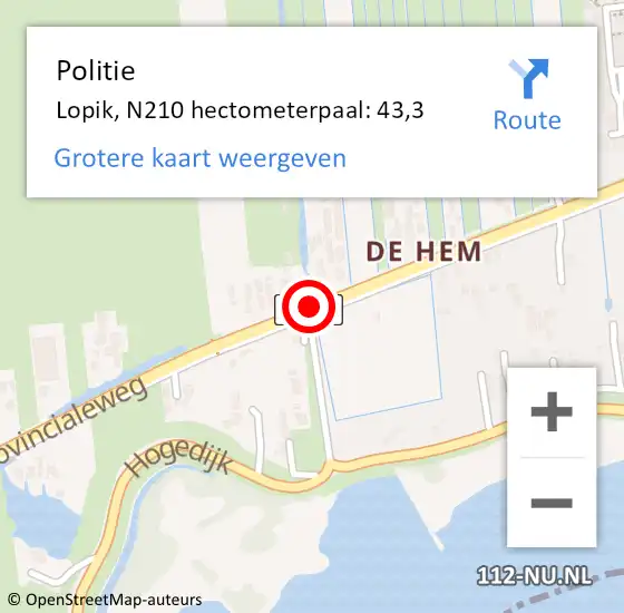 Locatie op kaart van de 112 melding: Politie Lopik, N210 hectometerpaal: 43,3 op 9 februari 2015 16:29