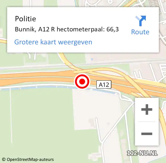 Locatie op kaart van de 112 melding: Politie Bunnik, A12 R hectometerpaal: 64,4 op 9 februari 2015 18:28