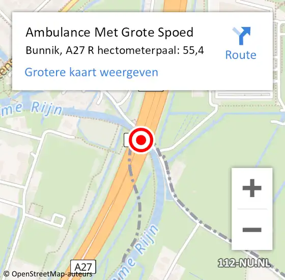 Locatie op kaart van de 112 melding: Ambulance Met Grote Spoed Naar Bunnik, A27 R hectometerpaal: 78,9 op 11 februari 2015 12:57