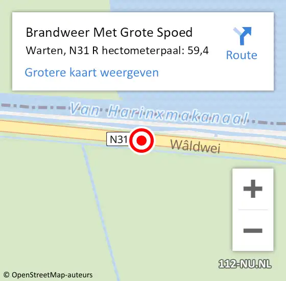 Locatie op kaart van de 112 melding: Brandweer Met Grote Spoed Naar Warten, N31 L hectometerpaal: 57,5 op 11 februari 2015 17:16