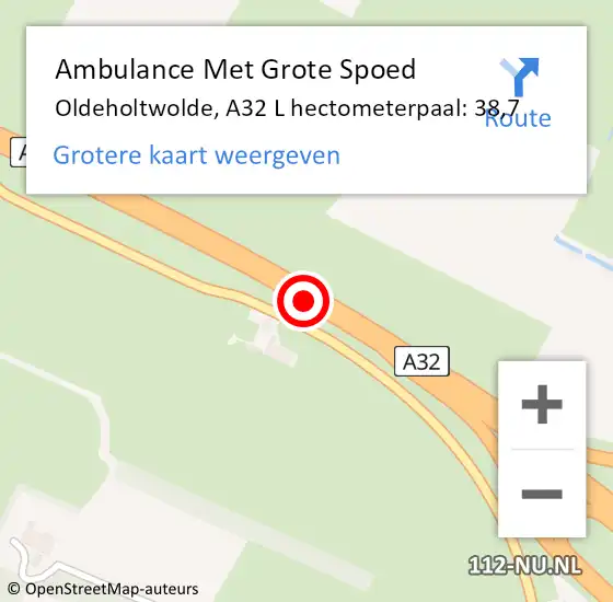 Locatie op kaart van de 112 melding: Ambulance Met Grote Spoed Naar Oldeholtwolde, A32 L hectometerpaal: 38,7 op 12 februari 2015 19:57