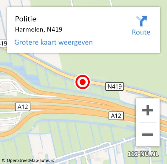Locatie op kaart van de 112 melding: Politie Harmelen, N419 op 14 februari 2015 18:00