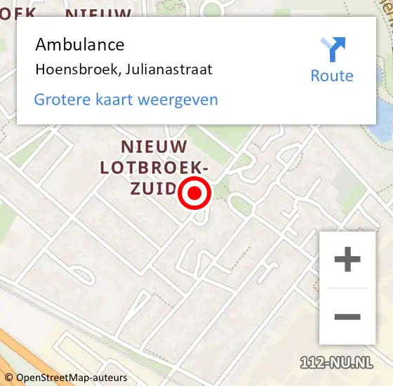 Locatie op kaart van de 112 melding: Ambulance Hoensbroek, Julianastraat op 15 februari 2015 13:50