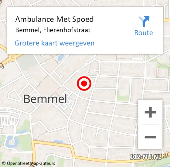 Locatie op kaart van de 112 melding: Ambulance Met Spoed Naar Bemmel, Flierenhofstraat op 16 februari 2015 13:48