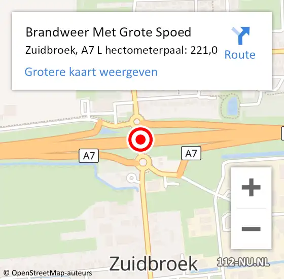 Locatie op kaart van de 112 melding: Brandweer Met Grote Spoed Naar Zuidbroek, A7 R hectometerpaal: 222,4 op 16 februari 2015 18:56