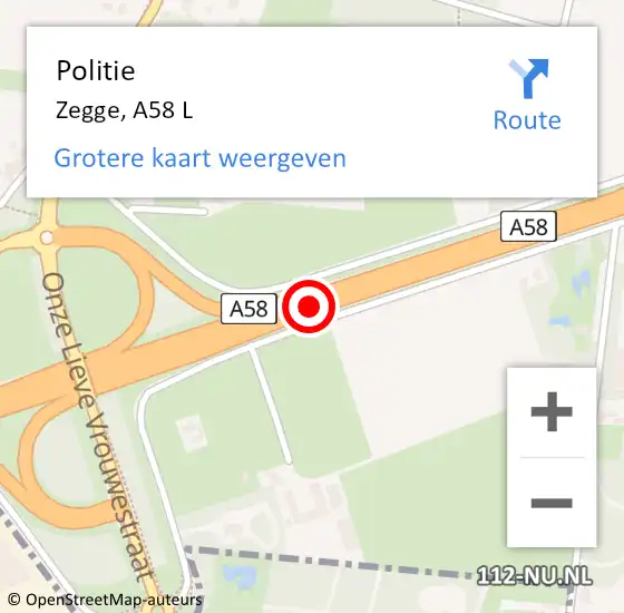 Locatie op kaart van de 112 melding: Politie Zegge, A58 op 16 februari 2015 21:52