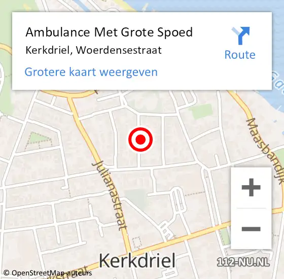 Locatie op kaart van de 112 melding: Ambulance Met Grote Spoed Naar Kerkdriel, Woerdensestraat op 19 februari 2015 18:42