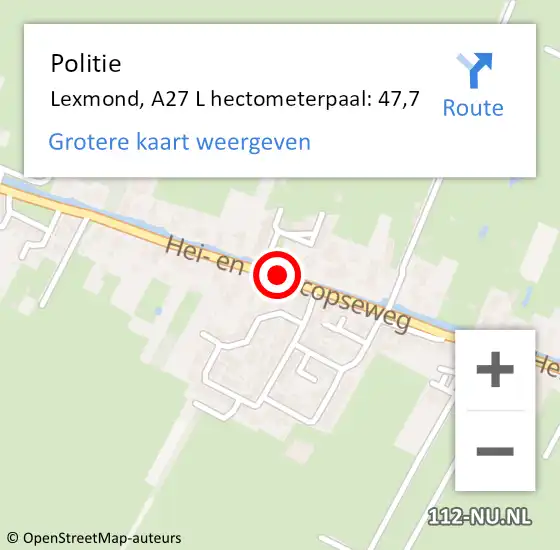 Locatie op kaart van de 112 melding: Politie Lexmond, A27 L hectometerpaal: 47,7 op 20 februari 2015 20:32