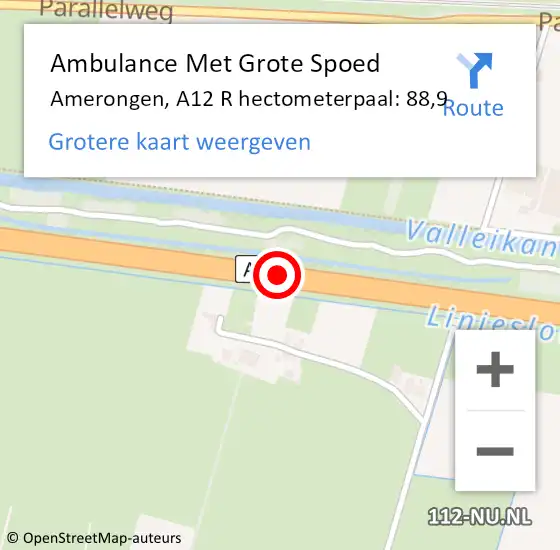 Locatie op kaart van de 112 melding: Ambulance Met Grote Spoed Naar Overberg, A12 R hectometerpaal: 88,3 op 21 februari 2015 16:07