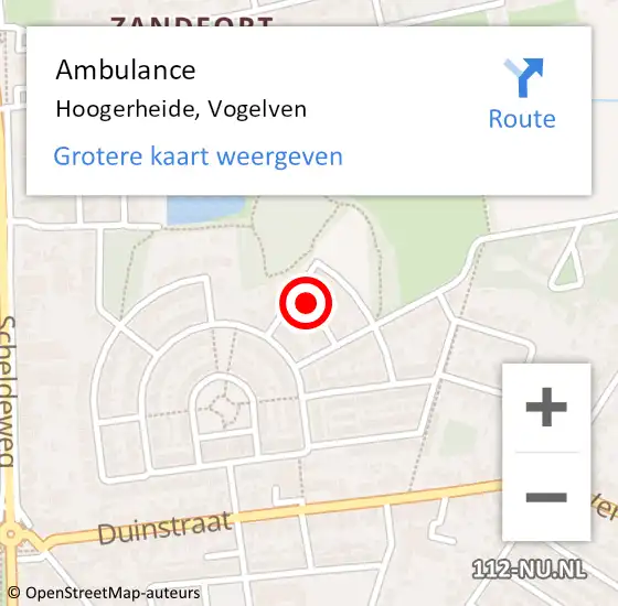 Locatie op kaart van de 112 melding: Ambulance Hoogerheide, Vogelven op 23 februari 2015 08:31