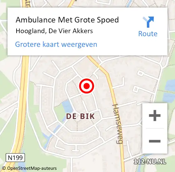 Locatie op kaart van de 112 melding: Ambulance Met Grote Spoed Naar Hoogland, De Vier Akkers op 24 februari 2015 07:28