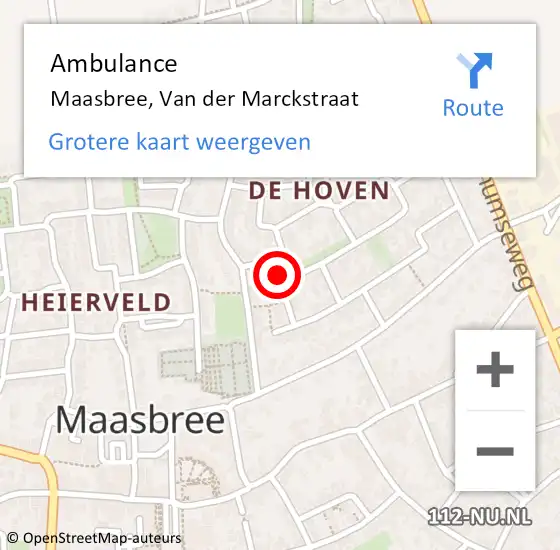 Locatie op kaart van de 112 melding: Ambulance Maasbree, Van der Marckstraat op 25 februari 2015 11:32