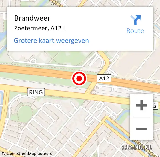 Locatie op kaart van de 112 melding: Brandweer Zoetermeer, A12 L op 26 februari 2015 23:14