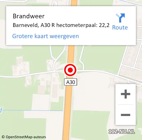 Locatie op kaart van de 112 melding: Brandweer Barneveld, A30 R hectometerpaal: 22,2 op 28 februari 2015 13:38