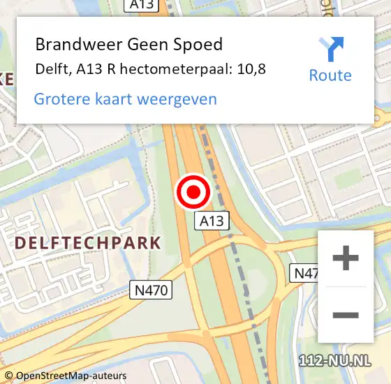 Locatie op kaart van de 112 melding: Brandweer Geen Spoed Naar Delft, A13 R hectometerpaal: 10,8 op 28 februari 2015 20:10