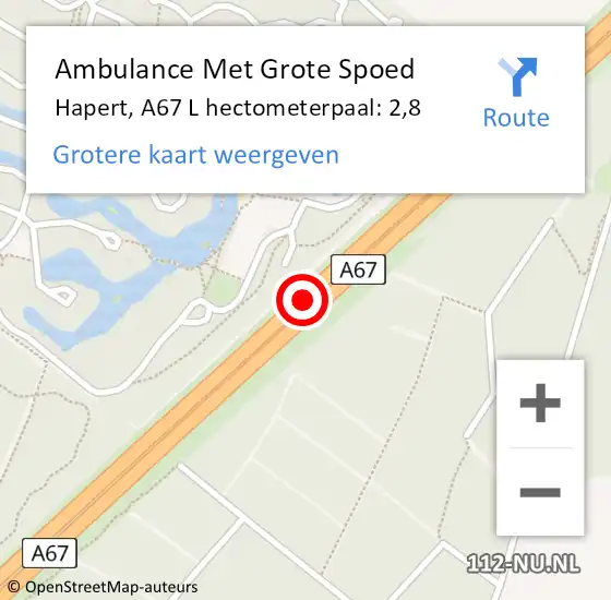 Locatie op kaart van de 112 melding: Ambulance Met Grote Spoed Naar Hapert, A67 R hectometerpaal: 3,2 op 28 februari 2015 21:50