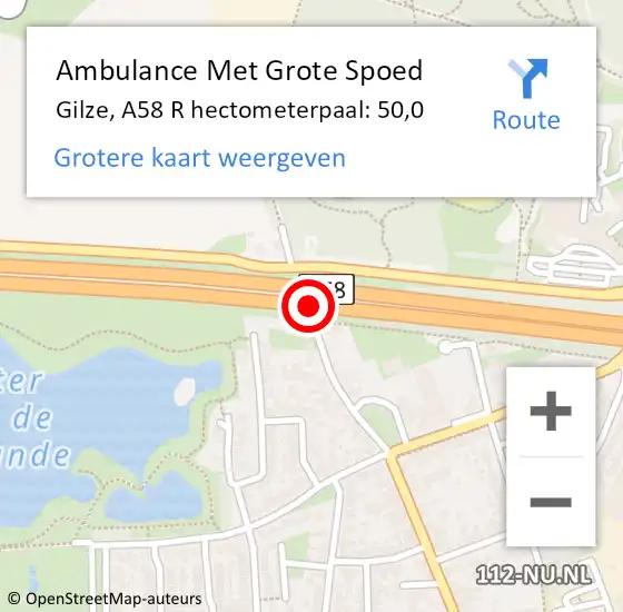 Locatie op kaart van de 112 melding: Ambulance Met Grote Spoed Naar Gilze, A58 L hectometerpaal: 52,1 op 1 maart 2015 13:57