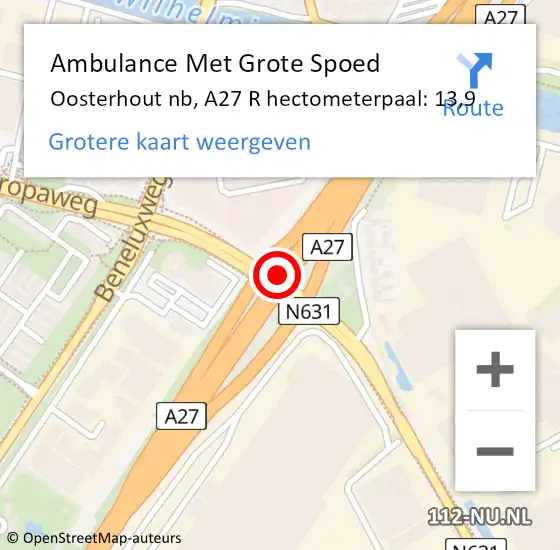 Locatie op kaart van de 112 melding: Ambulance Met Grote Spoed Naar Oosterhout nb, A27 R hectometerpaal: 13,9 op 3 maart 2015 20:58