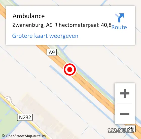 Locatie op kaart van de 112 melding: Ambulance Zwanenburg, A9 op 4 maart 2015 17:52