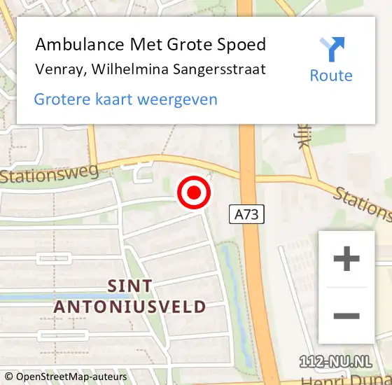Locatie op kaart van de 112 melding: Ambulance Met Grote Spoed Naar Venray, Wilhelmina Sangersstraat op 5 maart 2015 06:09