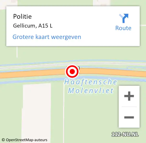 Locatie op kaart van de 112 melding: Politie Gellicum, A15 R op 9 maart 2015 08:41