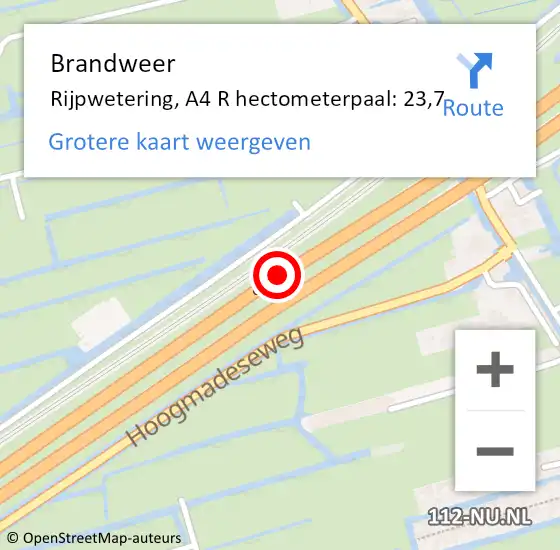 Locatie op kaart van de 112 melding: Brandweer Rijpwetering, A4 R hectometerpaal: 23,7 op 9 maart 2015 10:01