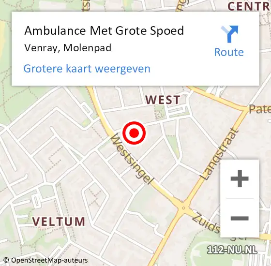 Locatie op kaart van de 112 melding: Ambulance Met Grote Spoed Naar Venray, Molenpad op 9 maart 2015 11:49