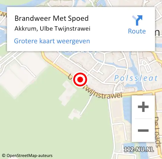 Locatie op kaart van de 112 melding: Brandweer Met Spoed Naar Akkrum, Ulbe Twijnstrawei op 9 maart 2015 17:56