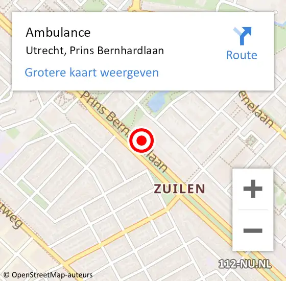 Locatie op kaart van de 112 melding: Ambulance Utrecht, Prins Bernhardlaan op 1 november 2013 10:47