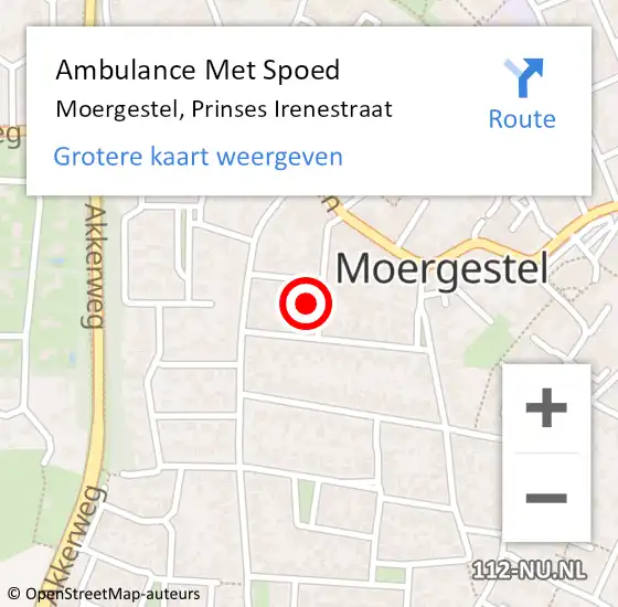 Locatie op kaart van de 112 melding: Ambulance Met Spoed Naar Moergestel, Prinses Irenestraat op 10 maart 2015 19:52