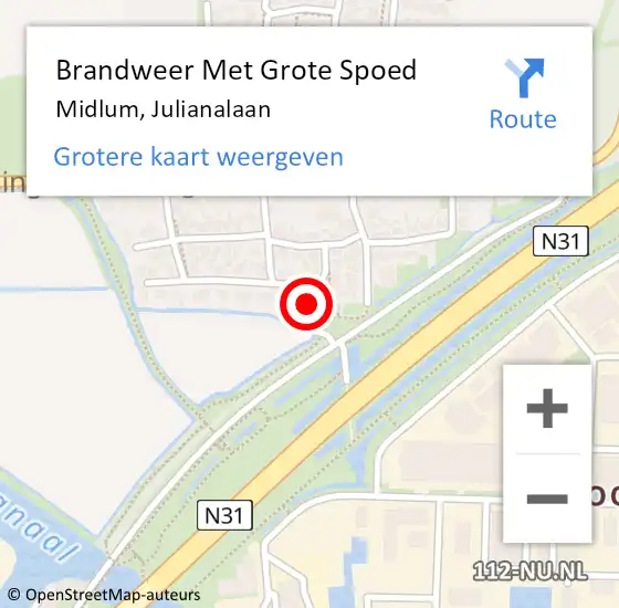 Locatie op kaart van de 112 melding: Brandweer Met Grote Spoed Naar Midlum, Julianalaan op 10 maart 2015 21:07