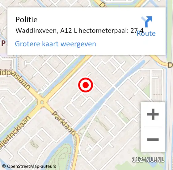 Locatie op kaart van de 112 melding: Politie Waddinxveen, A12 L hectometerpaal: 27,4 op 11 maart 2015 17:00