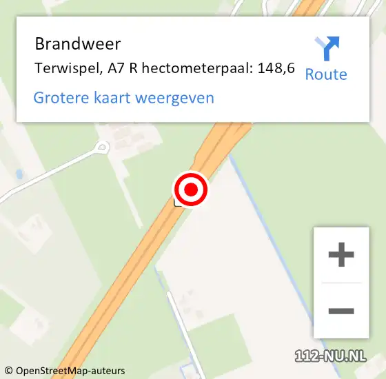 Locatie op kaart van de 112 melding: Brandweer Terwispel, A7 R hectometerpaal: 154,7 op 15 maart 2015 08:37