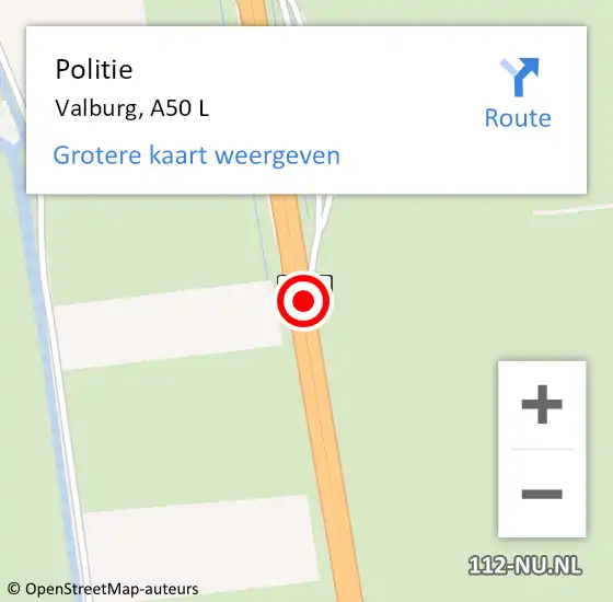 Locatie op kaart van de 112 melding: Politie Valburg, A50 L op 20 maart 2015 12:02