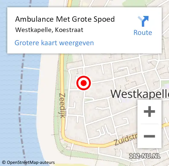 Locatie op kaart van de 112 melding: Ambulance Met Grote Spoed Naar Westkapelle, Koestraat op 21 maart 2015 18:36