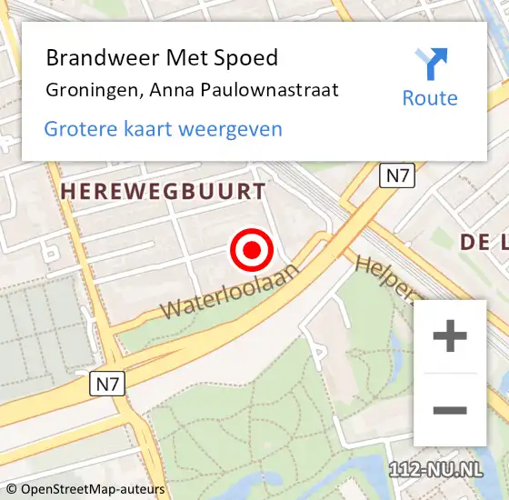 Locatie op kaart van de 112 melding: Brandweer Met Spoed Naar Groningen, Anna Paulownastraat op 21 maart 2015 22:43