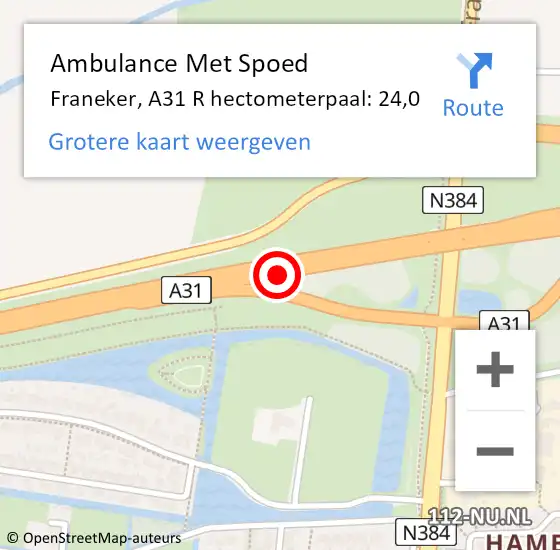 Locatie op kaart van de 112 melding: Ambulance Met Spoed Naar Franeker, A31 R hectometerpaal: 24,0 op 23 maart 2015 13:47