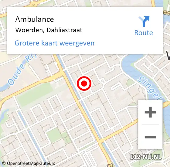 Locatie op kaart van de 112 melding: Ambulance Woerden, Dahliastraat op 25 maart 2015 04:21