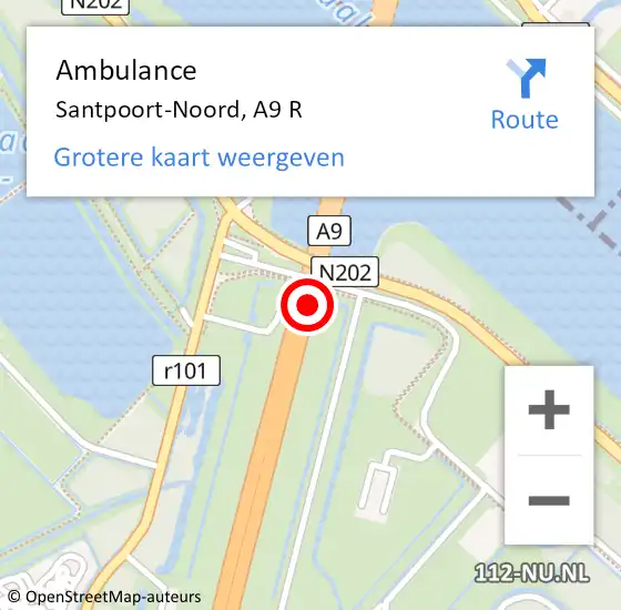Locatie op kaart van de 112 melding: Ambulance Santpoort-Noord, A9 R op 26 maart 2015 20:27