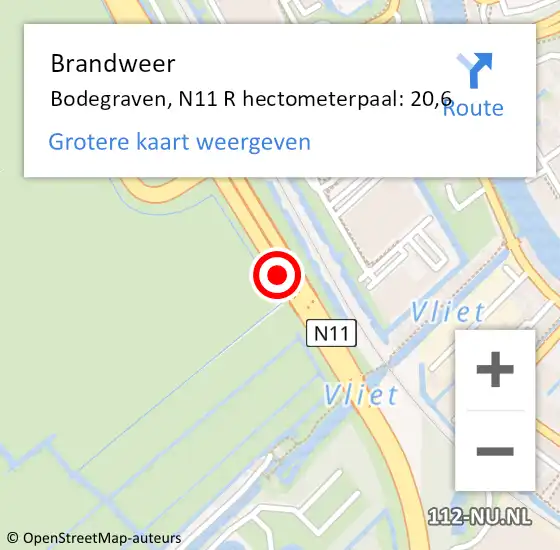 Locatie op kaart van de 112 melding: Brandweer Bodegraven, N11 L hectometerpaal: 17,7 op 26 maart 2015 21:16