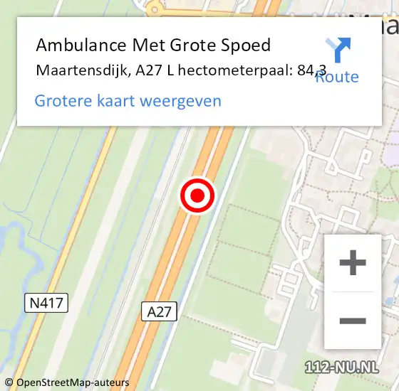Locatie op kaart van de 112 melding: Ambulance Met Grote Spoed Naar Maartensdijk, A27 R hectometerpaal: 87,6 op 28 maart 2015 00:49